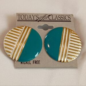 Vintage 80s Today's Classics Teal Gold Geometric Round Button Earrings